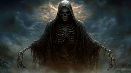 Features a hooded Grim Reaper with a skull skeleton and undead dark fantasy theme. Mysterious Phantom Emerging from Dark Clouds at Night