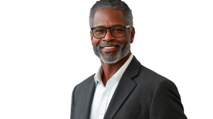 Middle-aged African American man in a smart blazer, slight smile, professional and approachable, crisp textures, pure white background png