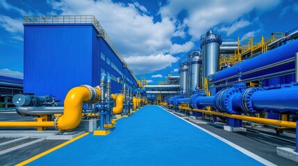 Modern Industrial Plant with Blue and Yellow Pipelines under a Clear Sky