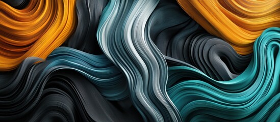abstract flowing silk fabric in orange blue and black colors with smooth texture and wave patterns closeup detailed textile background with elegant folds