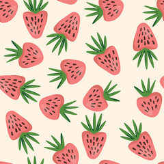Seamless pattern with strawberry on color background. Natural delicious fresh ripe tasty fruit. Vector illustration for print, fabric, textile, banner, other design. Food concept.