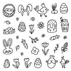 A collection of black-and-white hand-drawn Easter doodles featuring eggs, bunnies, chicks, flowers, and festive treats. Perfect for greeting cards, invitations, and digital designs.