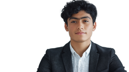 Hispanic young professional in a stylish work outfit, engaging expression, clean and sharp details, high-resolution, white background png 