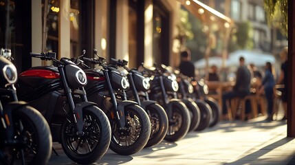  A fleet of electric motorcycles parked near a busy cafe