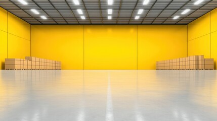 Spacious Yellow Warehouse Interior with Cardboard Boxes