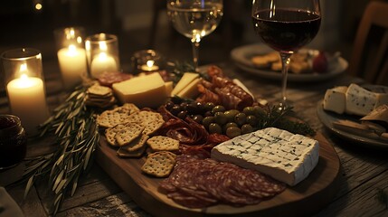 A beautiful charcuterie and wine spread is elegantly displayed here