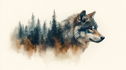 double exposure wolf and forest clipart watercolor art illustration detailed illustration