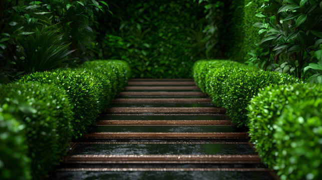 A symmetrical staircase pathway is surrounded by lush green hedges