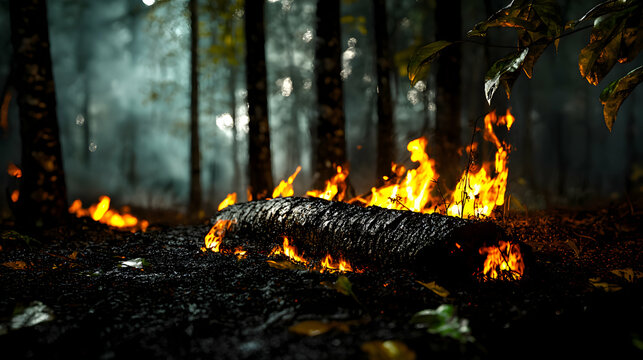 Burning log ignites amidst the forest with beautiful flames visible