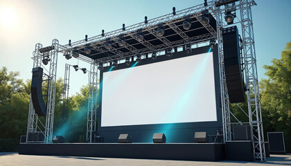 Modern rigging stage with beam lights, sound system, white blank screen mockup. Outdoor concert venue for live events, music festivals. Pro lighting, audio setup on metal construction, creating