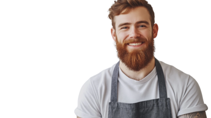 Bearded barista in a casual apron, friendly and relaxed, soft and natural studio lighting, crisp white background png 