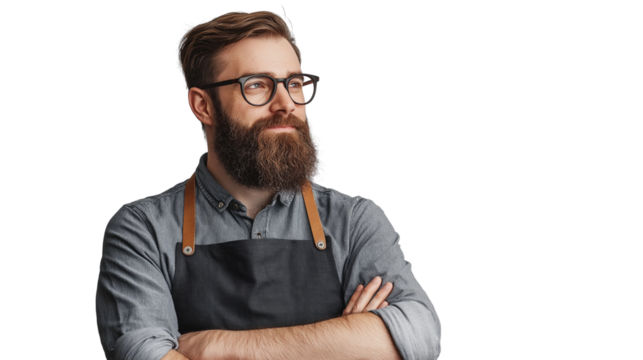 Bearded barista in a casual apron, friendly and relaxed, soft and natural studio lighting, crisp white background png 