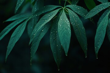 Fototapeta premium Lush green foliage adorned with glistening water droplets close-up view