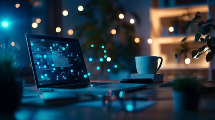 A modern laptop with code and a coffee cup on a desk