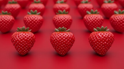 Strawberries in rows on a red background for a fresh, organic food advertisement or healthy eating promotion