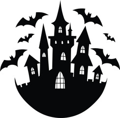 Castle with Bats silhouette vector illustration