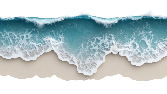Turquoise ocean wave breaking on sandy beach with transparent background