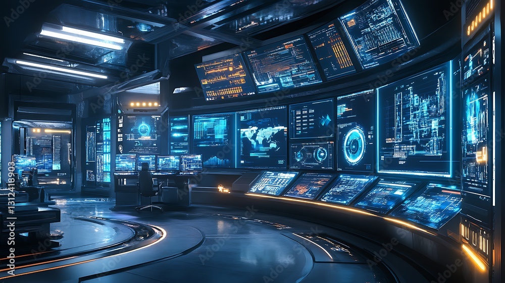 Poster a futuristic control room with multiple holographic screens displaying various data and real-time up