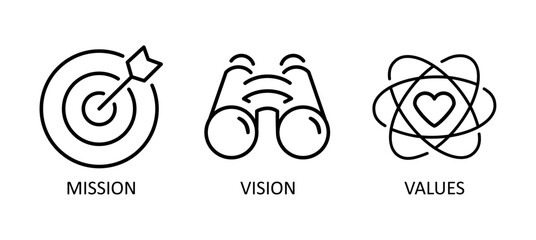 Vision, mission and values editable stroke outline icons set isolated on white background flat vector illustration. Pixel perfect.