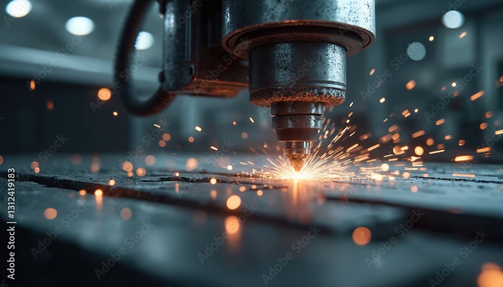 Leinwandbilder close-up of industrial cnc machine creating custom metal parts. modern tool uses laser spark. factor