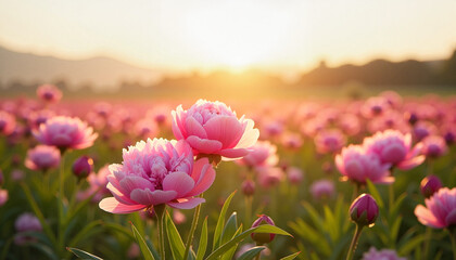 Field of blooming pink peonies during sunset with mountains in the background