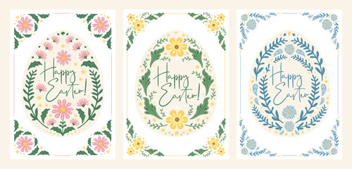 Beautiful Easter egg holiday greeting card set decorated in beautiful floral flower frame vintage art nouveau vintage victorian folk art background design style for poster print flyer social media etc