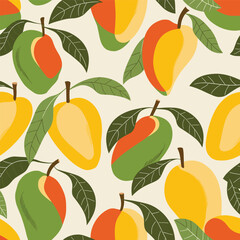 Obraz premium Tropical Mango Seamless Pattern Illustration, White Background, Summer Fruit, Food Design Summer Fruit, Seamless Pattern