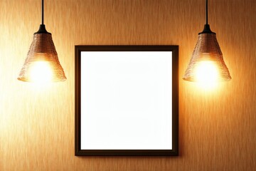 Stylish minimalist frame hanging on textured wall flanked by pendant lights