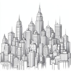 Minimalist Line Art Drawing of City Skyline in Intricate Design