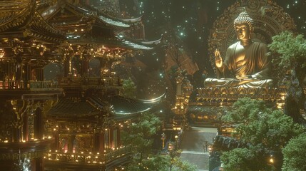 Fototapeta premium Illuminated Temple at Night with LED Lighting and Surrounding Nature