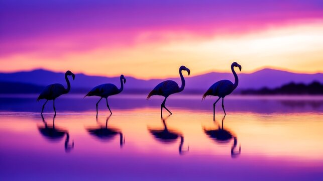 Four elegant flamingos walking gracefully along a tranquil lake at sunset, vibrant color reflected