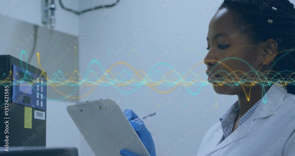 Poster analyzing data with digital waveforms, scientist working in laboratory environment