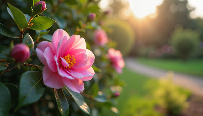 Beautiful pink camellia flower blooming in a garden during sunset