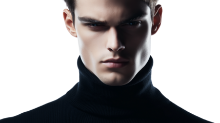 Serious-looking male actor, dark turtleneck, intense gaze, cinematic shadows, isolated on white png 