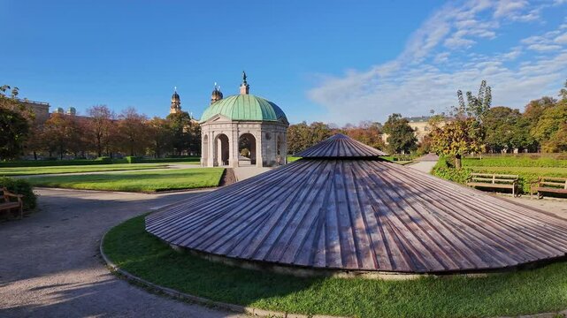 Hofgarten Park with Dianatempel in Munich. The Diana Pavilion and the grounds of the Hofgarten, adjacent to the Munich Residenz and Odeonsplatz.