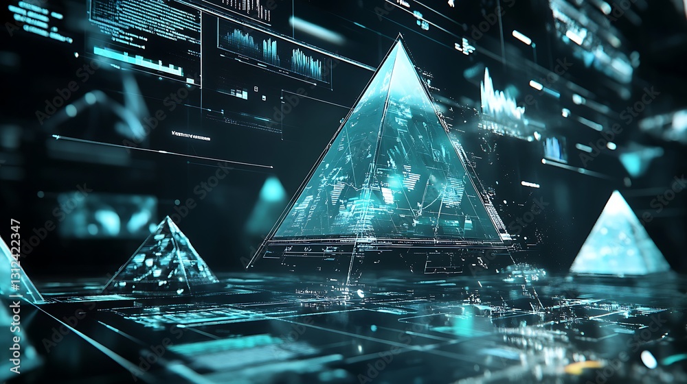 Poster a high-tech background with floating, transparent pyramids displaying interactive data points and gr