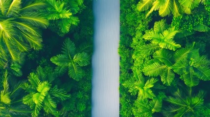 Aerial view of a serene river winding through lush tropical vegetation and palm trees