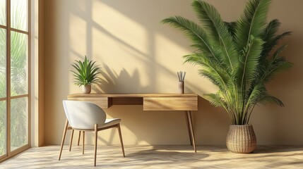 Fototapeta premium A light and airy office with plants and furniture