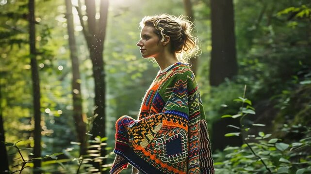 Hippie Frau sitzt im Gr&uuml;nen mit buntem Strickpullover