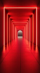 Fototapeta premium Bright red corridor with glowing neon lights leading to an archway in a modern interior setting