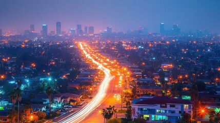Fototapeta premium Busy Urban Landscape with Light Trails at Dusk in Long Exposure
