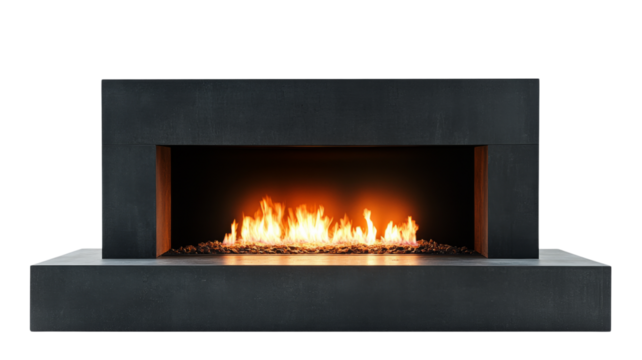 Modern fireplace burning with bright flames on transparent background