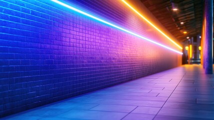 Fototapeta premium Vibrant neon lights illuminate an empty urban tunnel with a brick wall, creating a futuristic and atmospheric space background