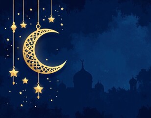 Naklejka premium Ramadan Mubarak Crescent Moon and Stars Gold Decoration Minimalist Flat Color Illustration for Festive Lighting with Copy Space