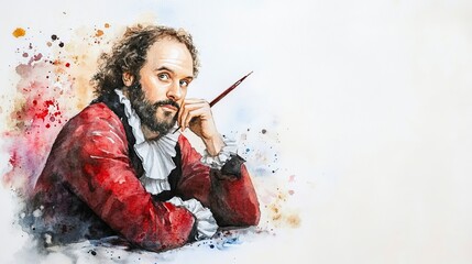 Watercolor Portrait Contemplative Artist in Baroque Attire, Watercolor Painting, Artistic Concept Portrait, Watercolor