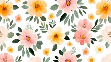 Watercolor Floral Seamless Pattern Peach and Yellow Blossoms, White Background, Botanical Illustration Floral Pattern, Watercolor Flowers