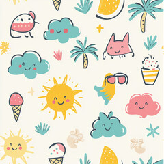 Seamless Tropical Print with Happy Sun and Fruits