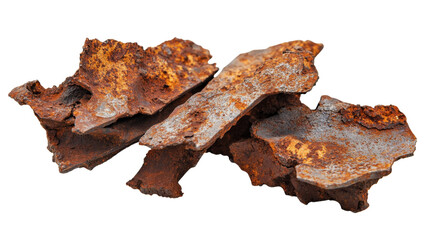 Rusty metal shards showing corrosion and decay on transparent background