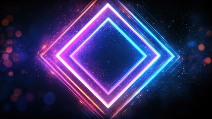 Obraz premium Bright neon square frame glowing on dark background with sparkling particles and bokeh lights, creating a vibrant and futuristic atmosphere