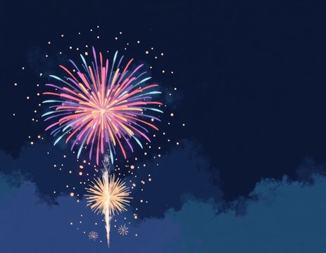 Fireworks Explode Night Sky Dynamic Minimalist Flat Color Illustration Copy Space